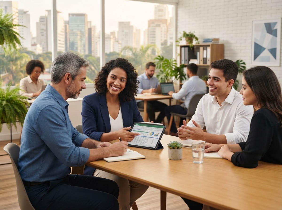 Ancorança Partners – profissional revisando indicadores financeiros e de risco em um ambiente de trabalho flexível